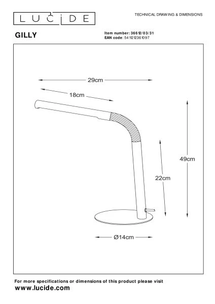 Lucide GILLY - Lampe de bureau - LED - 1x5W 2700K - Blanc - technique